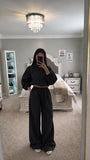 Drawstring Hem Crop Jacket and Wide-Leg Pant Set