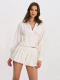 Sylvia White Pinstripe Deep V Pleated Shirt