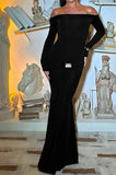 OFF SHOULDER LONG SLEEVE STRETCHY MAXI DRESS