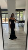 Qamra Black Velvet Off Shoulder Mermaid Maxi Dress