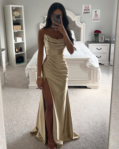 ABITO IN RASO ASIMMETRICO CHAMPAGNE GOLD