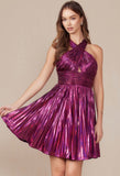 METALLIC HALTER NECKLINE ACCORDION PLEAT SHORT DRESS