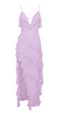 ROBE LONGUE À VOLANTS EN RAYONNE LILAS THEODORA