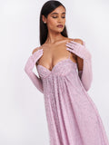 Wallie Pink Rhinestone Embellished Mesh Gown