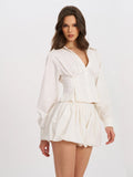 Sylvia White Pinstripe Deep V Pleated Shirt