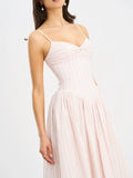 Zania Pink Stripe Ruched Breast Cotton Midi Dress
