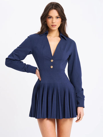 BBC Valarie Navy Blue Denim Style Pleated Mini Dress XXS / US 0 BBC Valarie Navy Blue Denim Style Pleated Mini Dress XXS / US 0