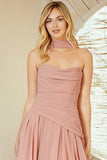 PLEAT DETAIL STRAPLESS CHIFFON A LINE DRESS