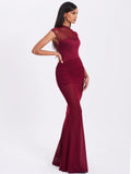 Burgundy mesh cap sleeve mermaid gown