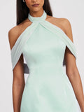 Light Cyan Halter Off-shoulder Backless Mini Dress