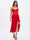 Dahlina Red Ruched Waist High Slit Maxi Dress
