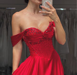 STRAPLESS BEADED SATIN A LINE GOWN