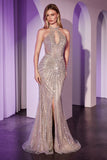 SEQUIN EMBELLISHED HALTER FITTED DRESS