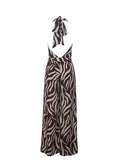 Ashlyn Burgundy & Beige Abstract Zebra Print Belted Halter Jumpsuit