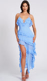 ROBE LONGUE À VOLANTS EN RAYONNE BLEUE THEODORA