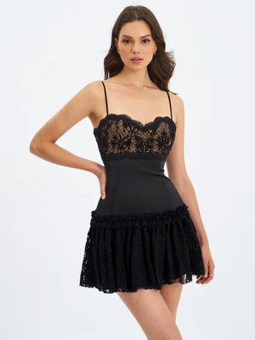 Umra Black Contrast Lace Sweetheart Mini Dress
