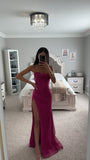 FUCHSIA GLITTERY CORSET LACE BACK SLIT GOWN