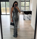 RUCHED SILVER GLITTER BACKLESS GOWN