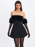 Evelyn Black Fur-trimmed Mini A-line Dress
