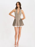 Hazel Brown Preppy Halter Neck Pleated Mini Dress