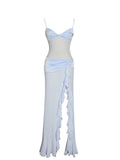 Lacy Blue Ruched Breast High Slit Chiffon Dress