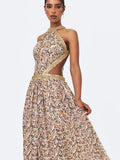 Quinnlyn Beige Cheetah Print Chiffon Halter Maxi Dress