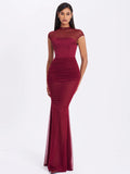 Burgundy mesh cap sleeve mermaid gown