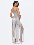 Olisa Silver Beaded Peplum Tassel Maxi Dress