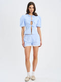 Qusayla Baby Blue Gingham Bubble Sleeve Bowtie Top