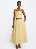 Wilsie Lemon Yellow Cotton Poplin Ruched Halter Top