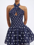 Yamina Navy Polka Dot Ramie Crossover Halter Gathered Mini Dress