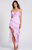 ROBE LONGUE À VOLANTS EN RAYONNE LILAS THEODORA