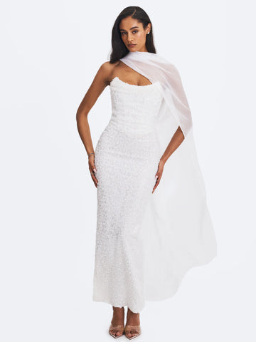 Myra White Beaded Mesh Strapless Wedding Dress