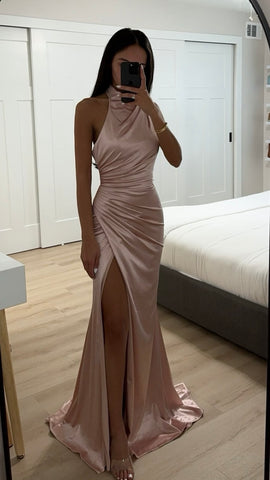 HALTER SATIN FITTED DRESS Dusty Rose / Small
