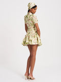 Zanelle Green FLoral Print Drop Waist Linen Full Skirt