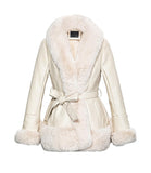 BEIGE LEATHER FUR BELTED JACKET