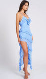 ROBE LONGUE À VOLANTS EN RAYONNE BLEUE THEODORA