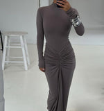 LONG SLEEVE RUCHED BODYCON MAXI DRESS