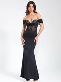 CALLISTA BLACK SATIN LACE CORSET MAXI DRESS