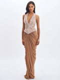 Nancie Apricot Beaded Halter Peplum Ruched Maxi Dress