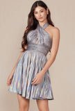 METALLIC HALTER NECKLINE ACCORDION PLEAT SHORT DRESS