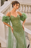 FITTED BEADED GOWN WITH RUFFLE TULLE CAPE