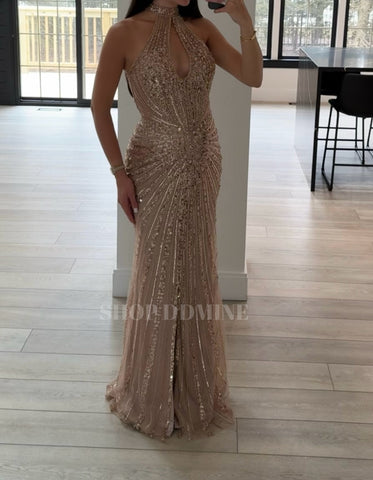 SEQUIN EMBELLISHED HALTER FITTED DRESS