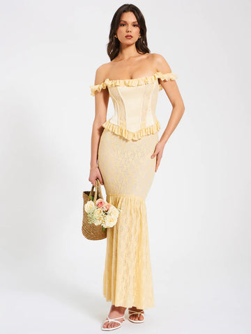 ERSILIA PALE YELLOW LACE CORSET MAXI GOWN Large ERSILIA PALE YELLOW LACE CORSET MAXI GOWN Large