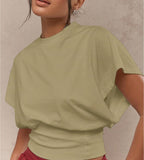 SHORT SLEEVE CREW NECK CINCHED WAIST TOP