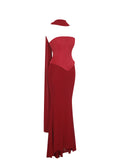 Giselle Crimson Peplum Mermaid Gown with Chiffon Scarf
