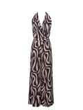 Ashlyn Burgundy & Beige Abstract Zebra Print Belted Halter Jumpsuit