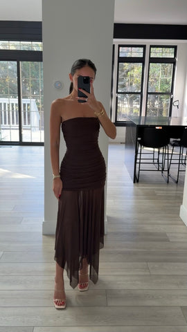 strapless dress with mesh bottom Bardot Ciera Strapless Mesh Dress in Chocolate