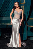 STRAPLESS BEADED BODICE AND SATIN SKIRT FITTED GOWN