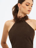 Yael Espresso Vegan Suede Faux Fur Halter Mini Dress
